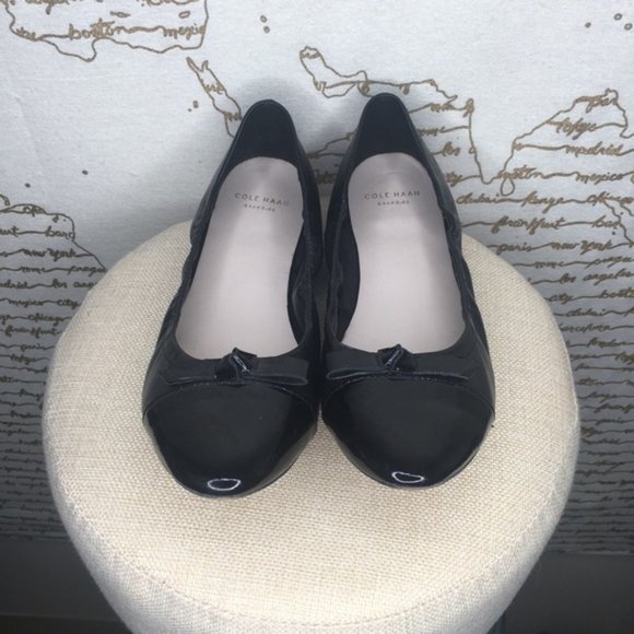 Cole Haan Grand OS Size 6.5 Black Patent Toe Bow Ballet Flats Pointed Toe - Picture 3 of 12